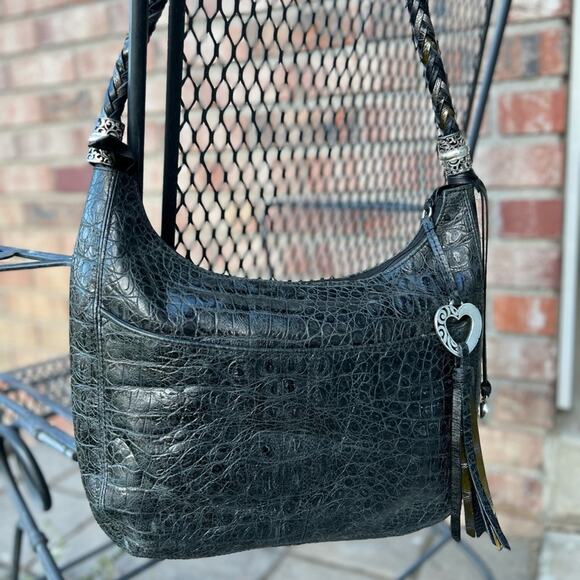 Brighton Embossed Black Leather Shoulder Bag